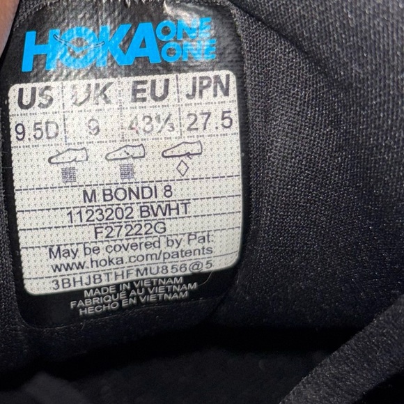 HOKA Bondi 8 running shoes black white size 9.5 men’s